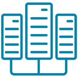 Here's an alt tag for the image: `Three connected servers, data center`
